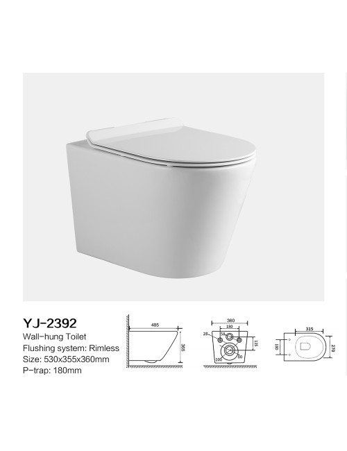 WC Sospeso Rimless YJ-2392 in Ceramica Bianco Lucido dal Design Moderno