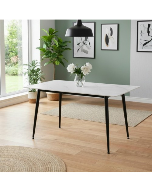 Tavolo da Pranzo Kilo 140×80 cm in Ceramica Effetto Marmo Bianco opaco e Gambe Nere