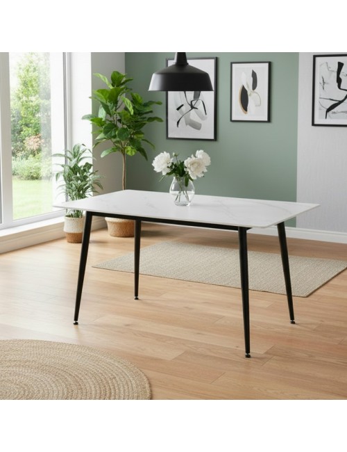Tavolo da Pranzo Kilo 140×80 cm in Ceramica Effetto Marmo Bianco opaco e Gambe Nere