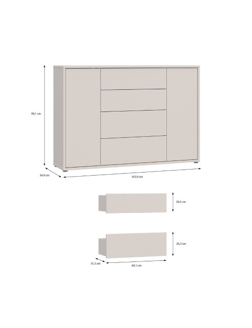 Madia Medea con 4 cassetti e 2 ante cashmere 144x35x99 – Stile e funzionalità