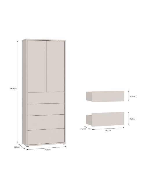 Mobile multiuso Medea con 4 cassetti e 2 ante cashmere 75x35x192 – Armadio salvaspazio