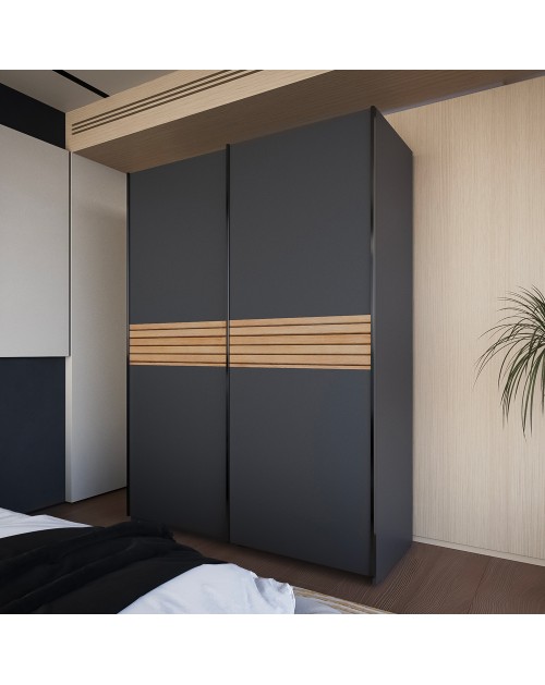 Armadio due ante scorrevoli Metropol colore antracite e inserti rovere – 150x58,1x204,5H