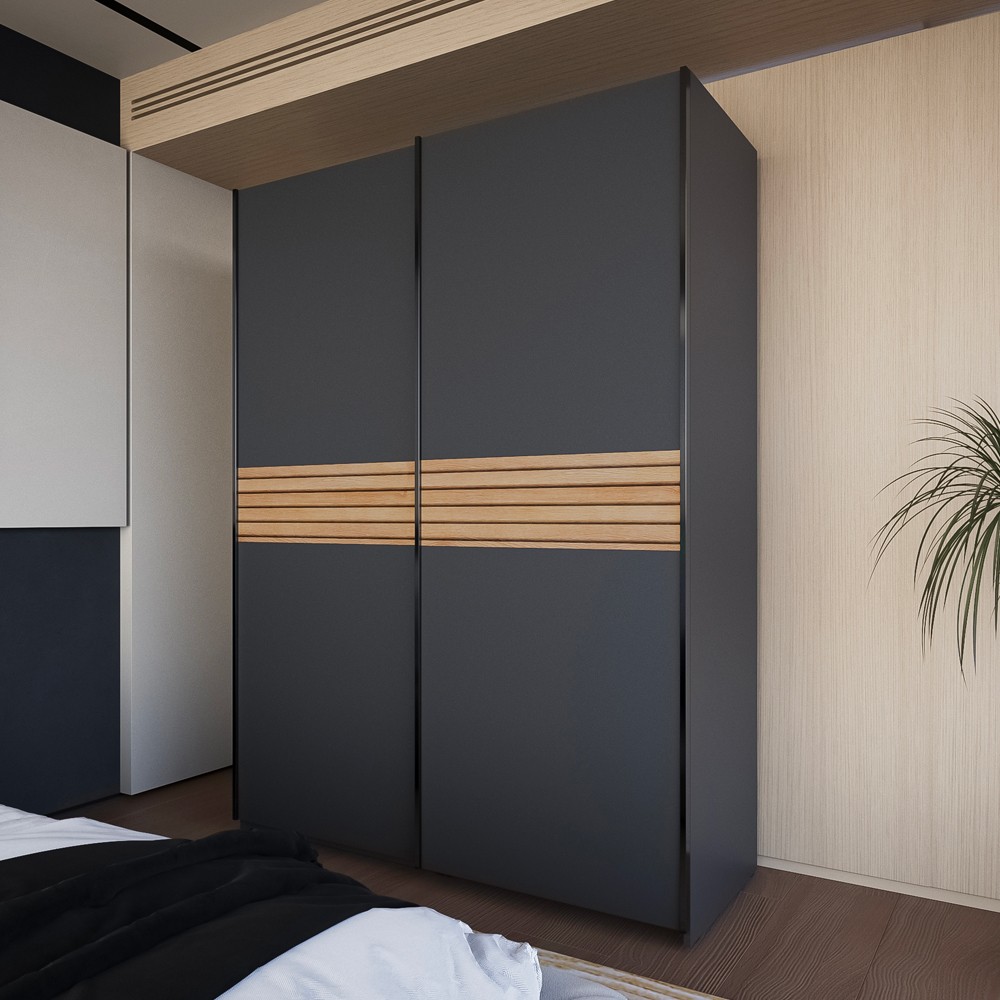 Armadio due ante scorrevoli Metropol colore antracite e inserti rovere – 150x58,1x204,5H