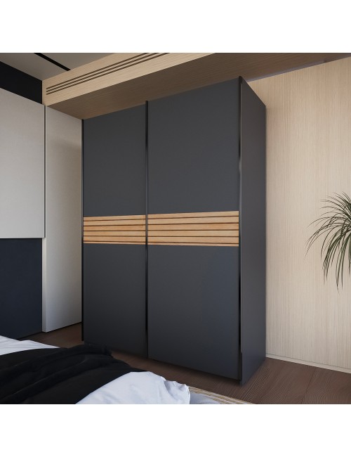 Armadio due ante scorrevoli Metropol colore antracite e inserti rovere – 150x58,1x204,5H