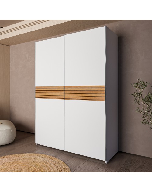 Armadio due ante scorrevoli Metropol colore bianco e inserti rovere – 150x58,1x204,5H