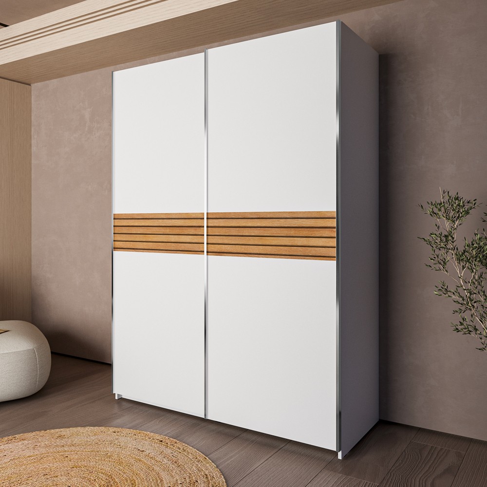 Armadio due ante scorrevoli Metropol colore bianco e inserti rovere – 150x58,1x204,5H