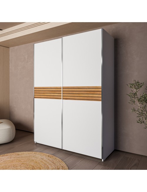 Armadio due ante scorrevoli Metropol colore bianco e inserti rovere – 150x58,1x204,5H
