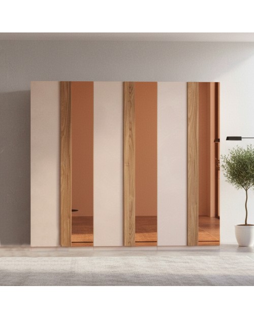 Armadio Bristol 6 ante battenti cashmere e noce caramello con specchi bronzati 273x240H