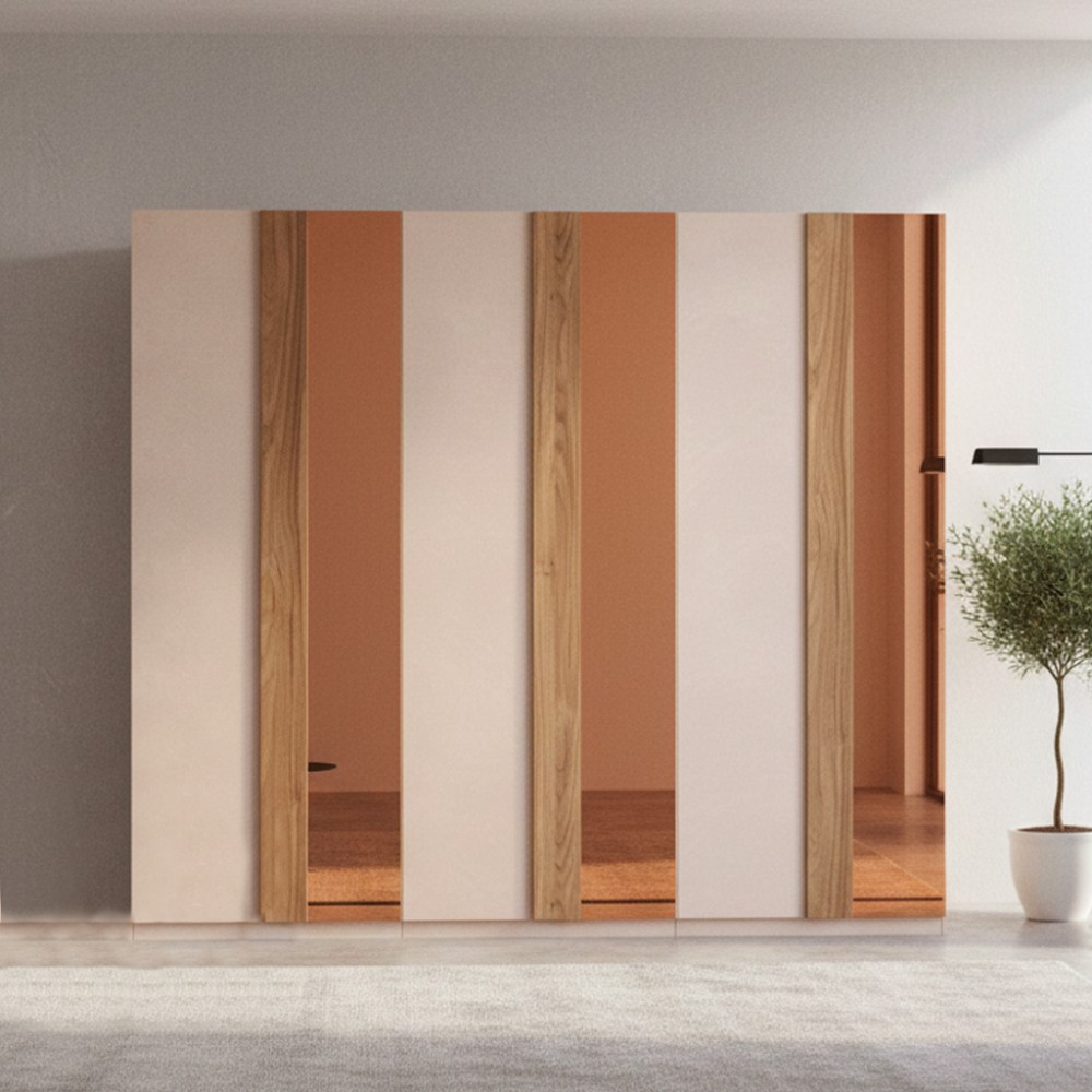 Armadio Bristol 6 ante battenti cashmere e noce caramello con specchi bronzati 273x240H