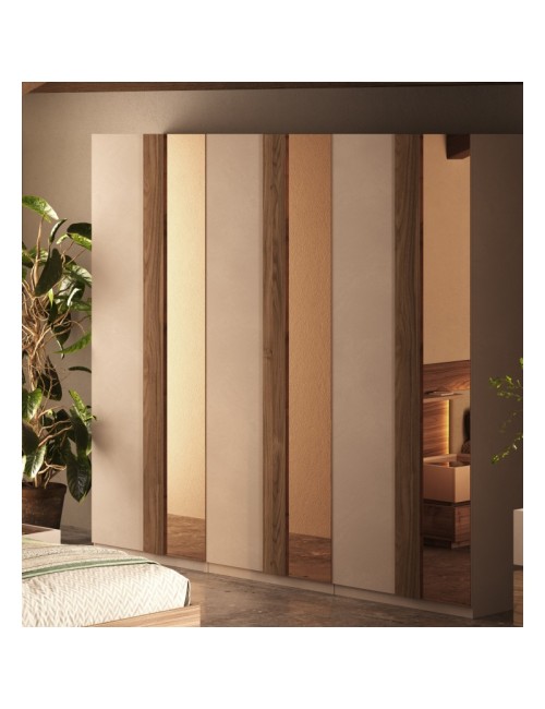 Armadio Bristol 6 ante battenti cashmere e noce caramello con specchi bronzati 273x240H