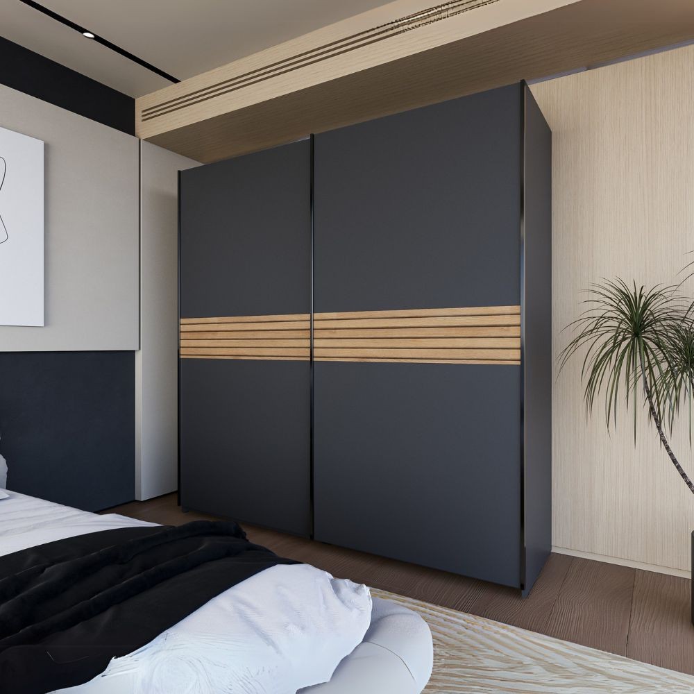 Armadio due ante scorrevoli Metropol colore antracite e inserti rovere – 200x58,1x204,5H