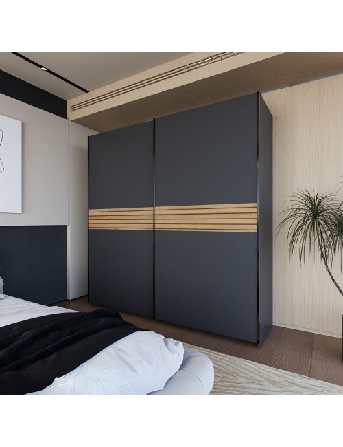 Armadio due ante scorrevoli Metropol colore antracite e inserti rovere – 200x58,1x204,5H