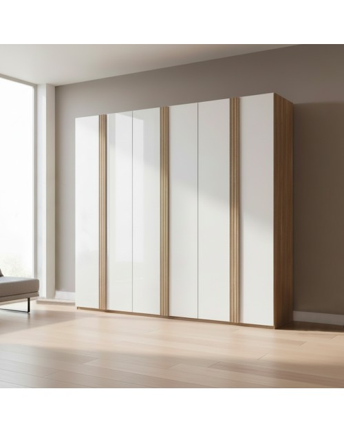 Armadio Selva 6 Ante Battenti Rovere Caramello e Bianco Lucido dal Design Moderno
