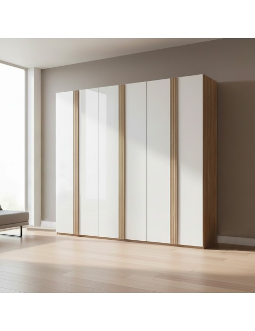 Armadio Selva 6 Ante Battenti Rovere Caramello e Bianco Lucido dal Design Moderno
