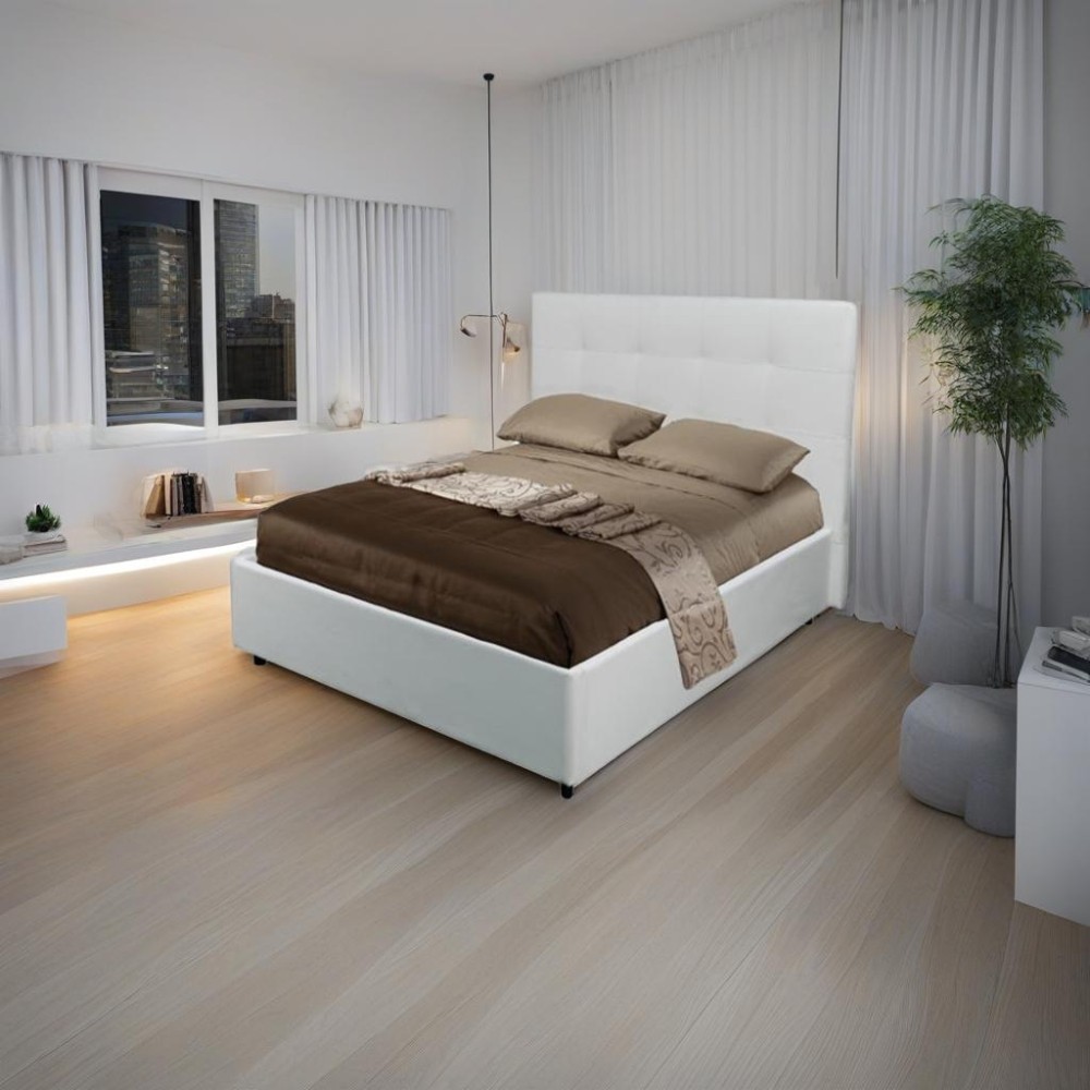 Letto francese con contenitore Ascoli 142x210x124H ecopelle colore bianco