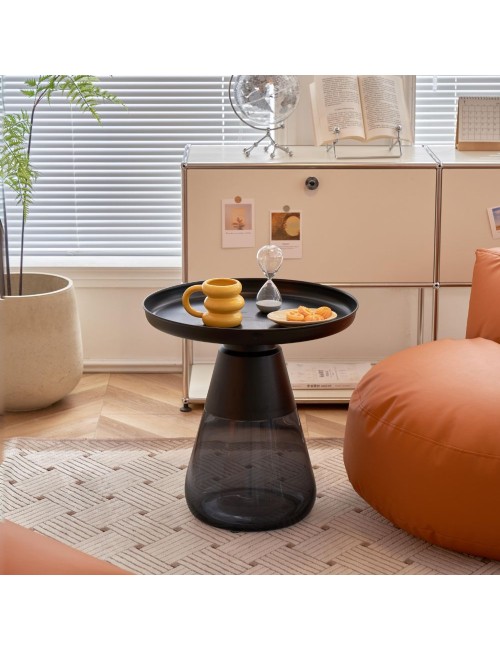 Tavolino rotondo da salotto base vetro fumè e piano verniciato nero Tiglio 60x60x43H