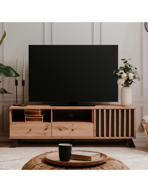 Mobile porta Tv  2 cassetti e anta con vani a giorno Medan56A colore rovere antracite
