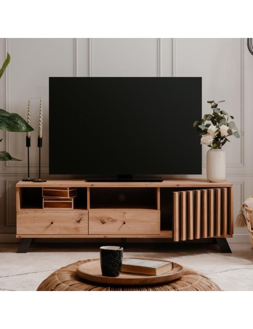 Mobile porta Tv  2 cassetti e anta con vani a giorno Medan56A colore rovere antracite