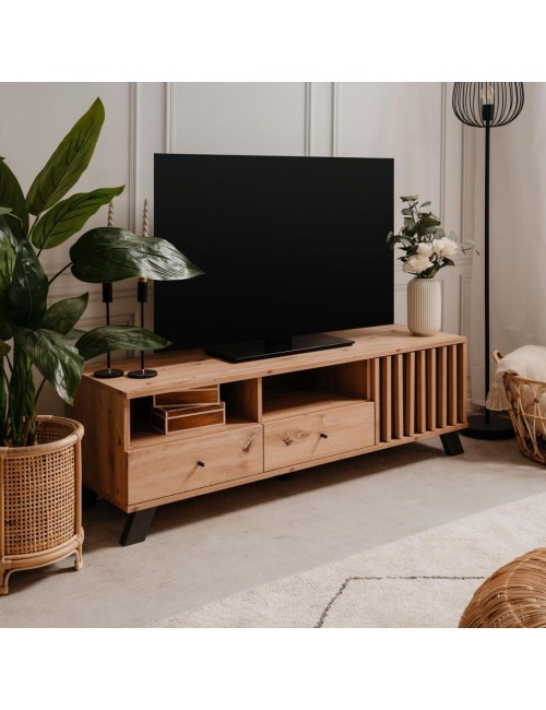 Mobile porta Tv  2 cassetti e anta con vani a giorno Medan56A colore rovere antracite