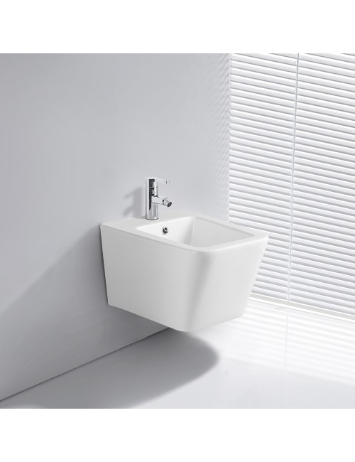 Bidet Sospeso YJ-1383 in Ceramica Bianco Lucido dal Design Squadrato