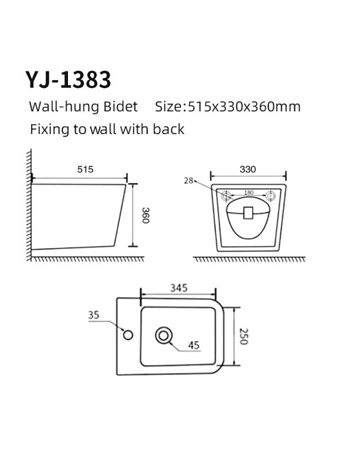 Bidet Sospeso YJ-1383 in Ceramica Bianco Lucido dal Design Squadrato