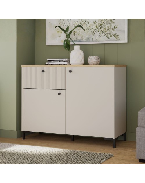 Madia Unit Cashmere con 2 Ante, Cassetto Cannettato e Top Rovere