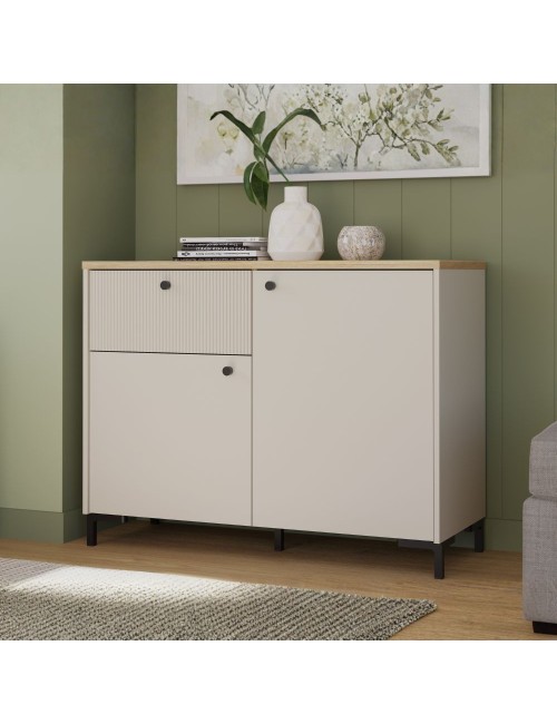 Madia Unit Cashmere con 2 Ante, Cassetto Cannettato e Top Rovere