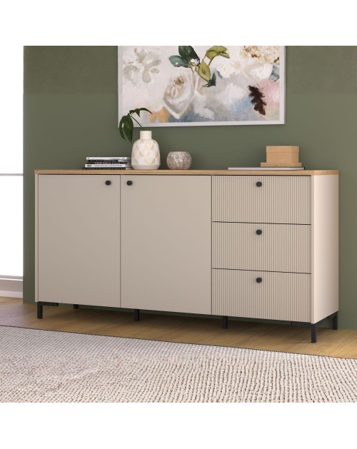 Madia Unit Cashmere con 2 Ante, 3 Cassetti Cannettati e Top Rovere