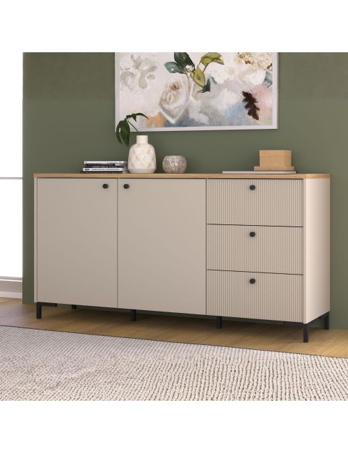 Madia Unit Cashmere con 2 Ante, 3 Cassetti Cannettati e Top Rovere