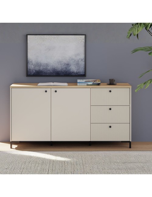 Madia Unit Cashmere con 2 Ante, 3 Cassetti Cannettati e Top Rovere