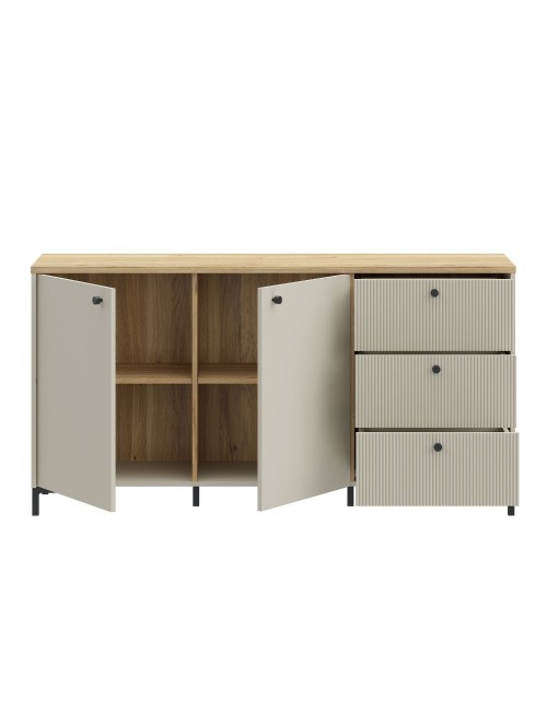 Madia Unit Cashmere con 2 Ante, 3 Cassetti Cannettati e Top Rovere