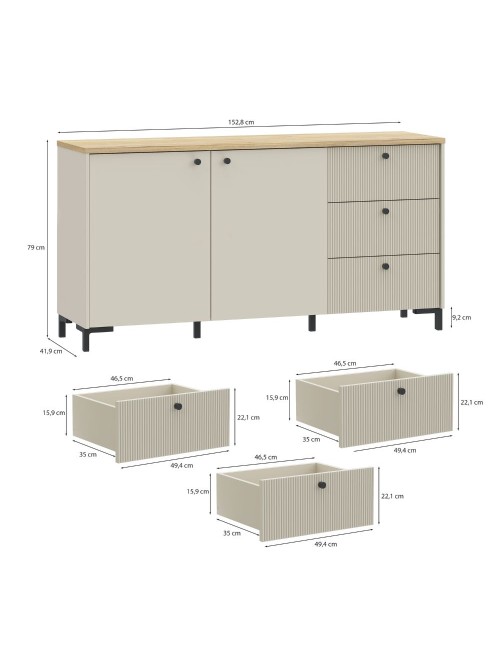 Madia Unit Cashmere con 2 Ante, 3 Cassetti Cannettati e Top Rovere