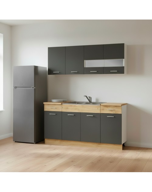 Cucina monoblocco 160 cm ERIKA grigio e rovere con lavello e pensili