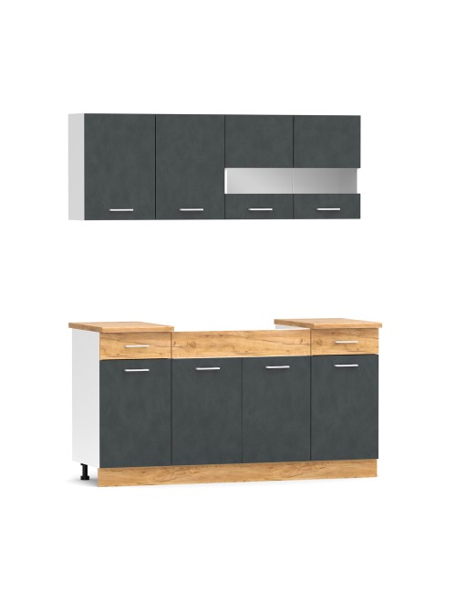 Cucina monoblocco 160 cm ERIKA grigio e rovere con lavello e pensili