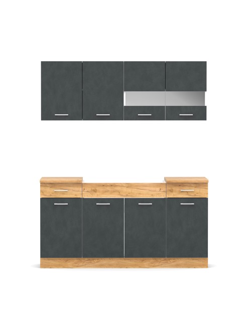 Cucina monoblocco 160 cm ERIKA grigio e rovere con lavello e pensili
