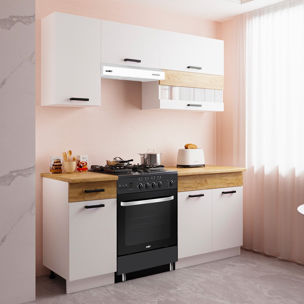 Cucina monoblocco Nina 180 cm bianco e rovere senza elettrodomestici