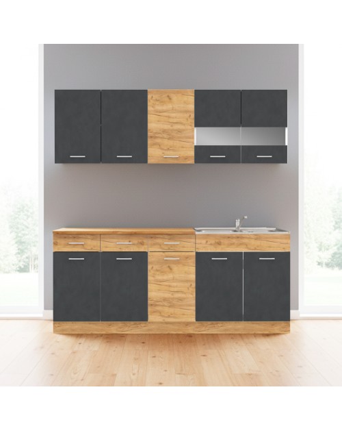 Cucina monoblocco 200 cm Erika grigio e rovere con lavello e pensili