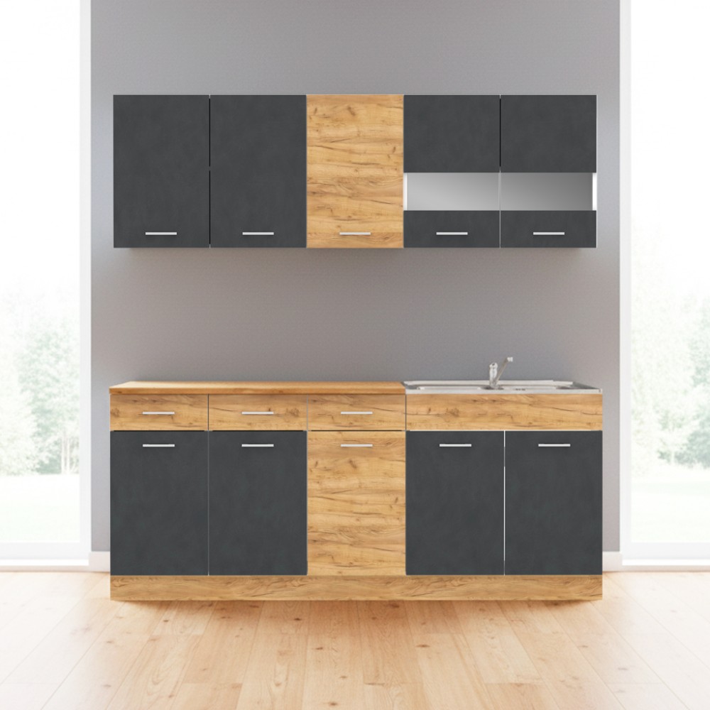Cucina monoblocco 200 cm Erika grigio e rovere con lavello e pensili
