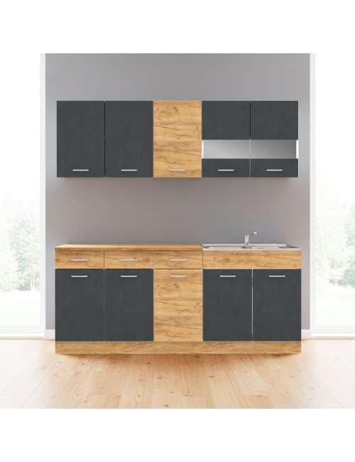 Cucina monoblocco 200 cm Erika grigio e rovere con lavello e pensili