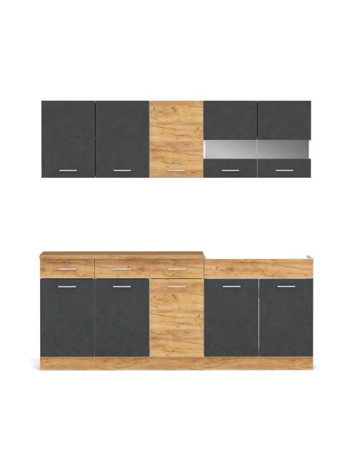 Cucina monoblocco 200 cm Erika grigio e rovere con lavello e pensili