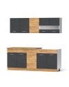Cucina monoblocco 200 cm Erika grigio e rovere con lavello e pensili
