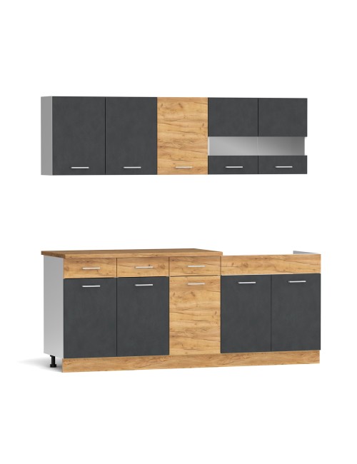 Cucina monoblocco 200 cm Erika grigio e rovere con lavello e pensili