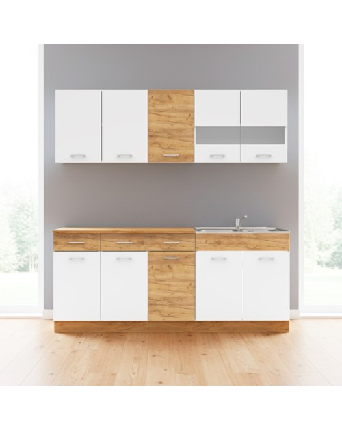 Cucina monoblocco 200 cm Erika bianco e rovere con lavello e pensili