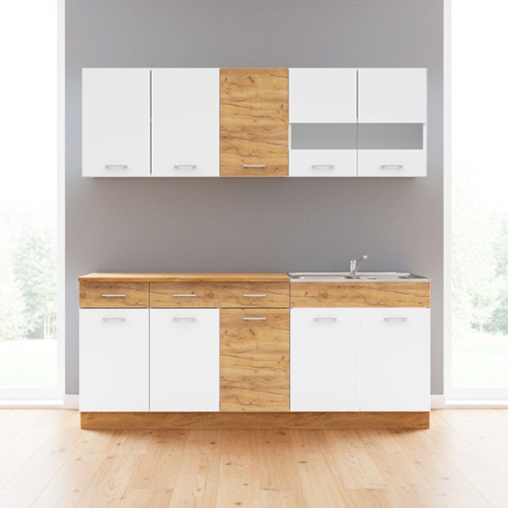 Cucina monoblocco 200 cm Erika bianco e rovere con lavello e pensili