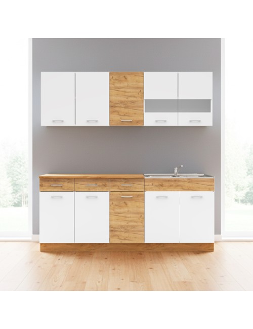 Cucina monoblocco 200 cm Erika bianco e rovere con lavello e pensili