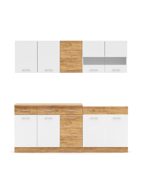 Cucina monoblocco 200 cm Erika bianco e rovere con lavello e pensili