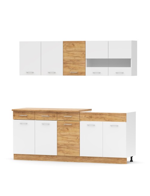 Cucina monoblocco 200 cm Erika bianco e rovere con lavello e pensili