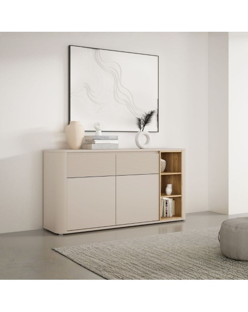 Madia Origin Core 2 ante 2 cassetti con vani a giorno 160 cm cashmere e dettaglio rovere