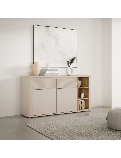 Madia Origin Core 2 ante 2 cassetti con vani a giorno 160 cm cashmere e dettaglio rovere