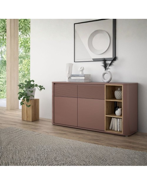 Madia Origin Core 2 ante 2 cassetti con vani a giorno 160 cm terracotta e dettaglio rovere